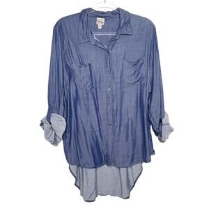 COMO VINTAGE Shimmer Chambray Button-Down Shirt Long Sleeve Blue Size Plus 2X